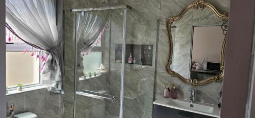 a bathroom with a shower with a sink and a mirror at Grazia Luxury Overnight accommodation in Harrismith