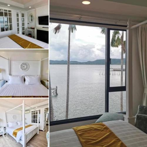 two images of a bedroom with a view of the water at AT Kung Kra baen Hotel and Residence in Chanthaburi