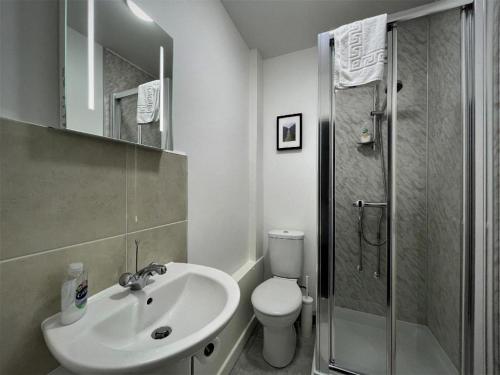 W łazience znajduje się umywalka, toaleta i prysznic. w obiekcie Gateway Hotel w Londynie