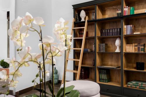 a book shelf filled with books next to a chair at Hotel Mercader de Sedas in Granada