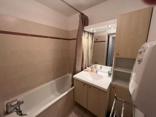 une salle de bain avec un lavabo, une baignoire et un miroir dans l'établissement Appartement Spacieux avec parking privé, à Blois