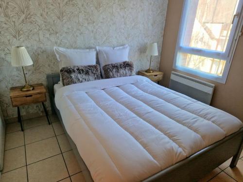 un grand lit dans une chambre avec deux lampes dans l'établissement Appartement Spacieux avec parking privé, à Blois