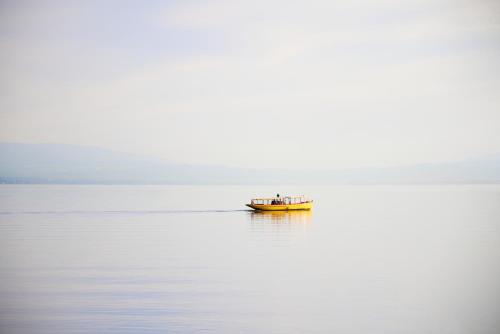 a small boat in the middle of the water at Adina Apartment Hotel Geneva in Geneva