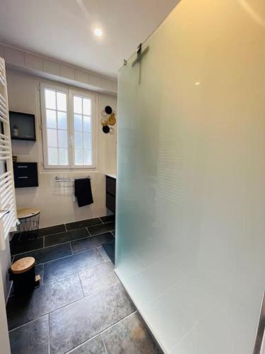 une salle de bain avec douche et porte vitrée dans l'établissement Villa La Canéda*Spacieuse*Piscine*Sarlat, à Sarlat-la-Canéda