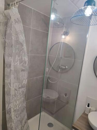 une salle de bain avec une douche avec une porte vitrée dans l'établissement Jolie 4 pièces, gare de train à 150 m pour aller sur Paris en 15 min, à Deuil-la-Barre