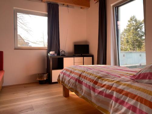 een slaapkamer met een bed, een tv en een raam bij A cozy room in a modern House in Potsdam