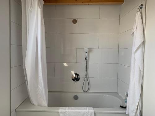 uma casa de banho com um chuveiro e uma banheira em A cozy room in a modern House em Potsdam