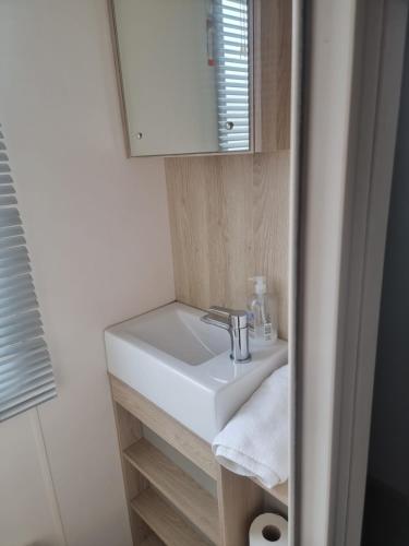 a bathroom with a white sink and a mirror at Sunnyside lodge in Cirencester