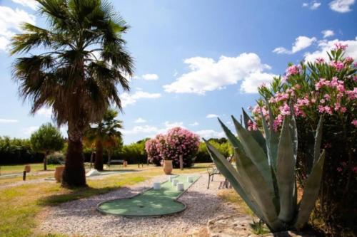 eine Palme und ein Putting Green in einem Park in der Unterkunft Mobilhome 4 étoiles - Piscine - eecheb in Castelnau-de-Guers