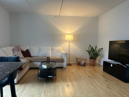 un salon avec un canapé blanc et une télévision dans l'établissement 2 room and 1 living room charming family-friendly places, à Copenhague