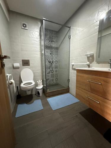 een badkamer met een douche, een toilet en een wastafel bij Appartement confortable et pas cher au parc in Mohammedia