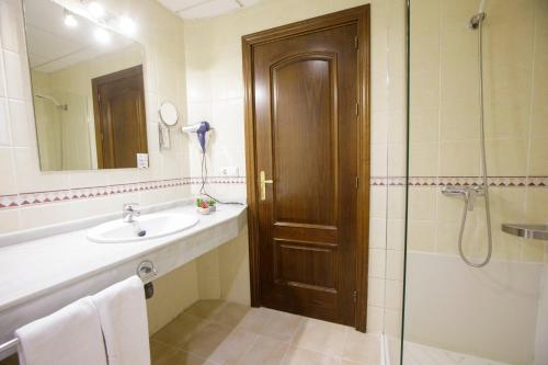 uma casa de banho com um lavatório, um chuveiro e um espelho. em Hotel San Miguel em Córdoba