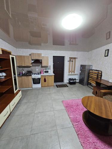 a large room with a kitchen with a pink rug at Апартаменти в Кропивницькому in Kropyvnytskyi