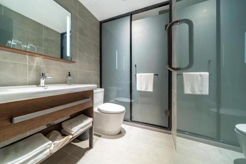 a bathroom with a sink and a toilet and a shower at Hanting Hotel Shanghai Safari Park Nanzhu Road in Ssu-t'uan-ts'ang