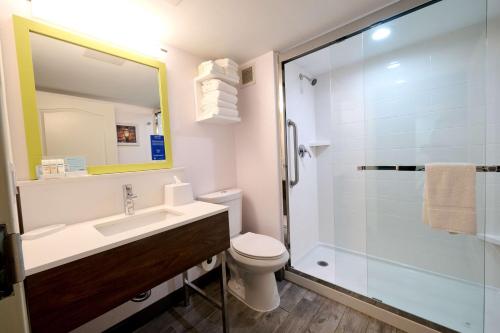 uma casa de banho com um chuveiro, um lavatório e um WC. em Hampton Inn Flemington em Flemington