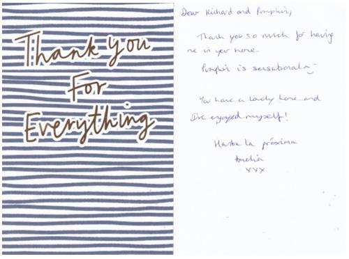 a handwritten thank you card with blue and white stripes at Bodmin Rest 4 U in Bodmin