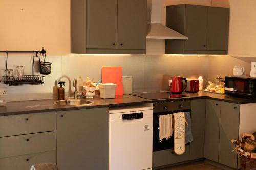 a kitchen with a sink and a stove top oven at Yr Ysgubor Converted milking parlour in Llandysul