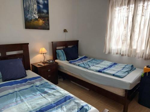 a bedroom with two beds and a table with a lamp at Villa Christophe in Alicante