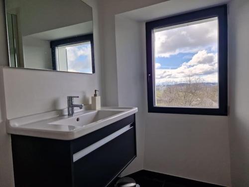 une salle de bain avec un lavabo et une fenêtre dans l'établissement La Maison de famille, à Le Nayrac