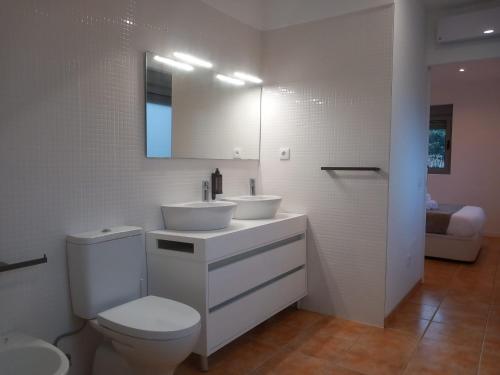 een badkamer met 2 wastafels, een toilet en een spiegel bij Cantinho dos Avós - Country House in Sever do Vouga