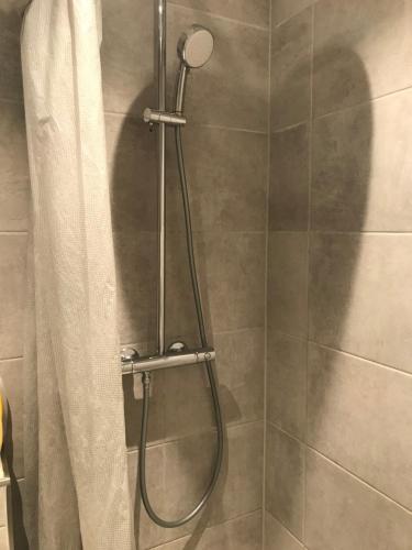 een badkamer met een douche en een douchegordijn bij Central apartment in Kopenhagen