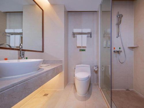 uma casa de banho com um lavatório, um WC e um chuveiro em Vienna Hotel Guangdong Shaoguan Shaonan Avenue em Shaoguan