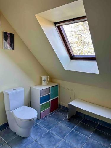 une salle de bains mansardée avec des toilettes et une lucarne. dans l'établissement Grande maison - Vue mer, Plage de Rospico à pied, à Névez