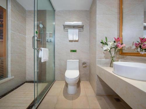 W łazience znajduje się toaleta, umywalka i prysznic. w obiekcie Vienna Hotel Shaanxi Ankang Jiangnan w mieście Kuan-miao