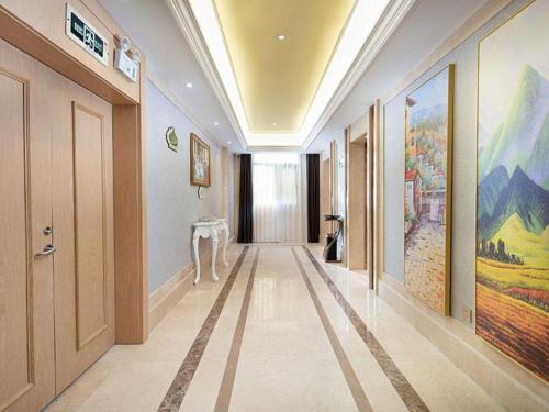 岳陽的住宿－Vienna Hotel Hunan Yueyang Bubugao，建筑墙上的走廊上挂有绘画作品