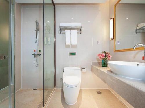 ein Bad mit einem WC, einem Waschbecken und einer Dusche in der Unterkunft Vienna Hotel Jiangxi Ji'an Yanjingfu in Ji'an
