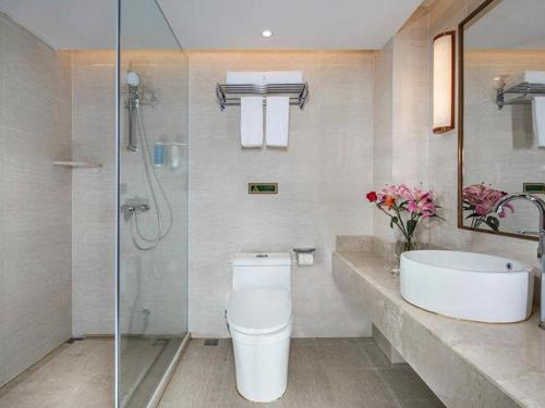 La salle de bains est pourvue de toilettes, d'un lavabo et d'une douche. dans l'établissement Vienna Hotel Fuzhou Changle Shouzhan Hangcheng Metro Station, à Changle