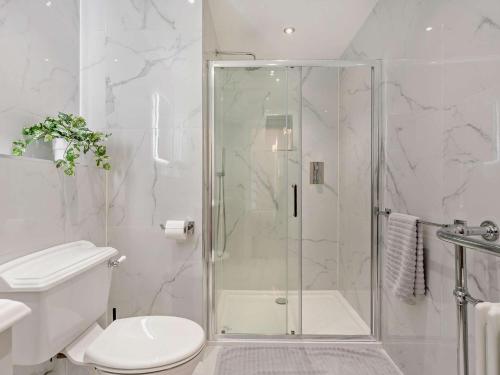 a white bathroom with a shower and a toilet at 4 Bed in Middleton-in-teesdale 94274 in Middleton in Teesdale