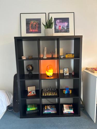 a black book shelf filled with lots of books at Hermitage Court in London