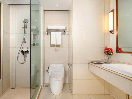 ein Bad mit einem WC, einem Waschbecken und einer Dusche in der Unterkunft Vienna Hotel Baoshan Yongchang Road in Baoshan