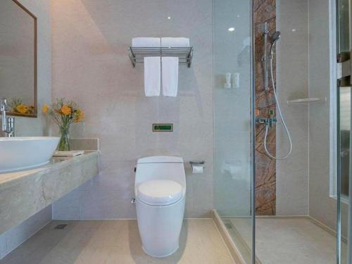 ein Bad mit einem WC, einem Waschbecken und einer Dusche in der Unterkunft Vienna Hotel Guangdong Chaozhou Chaoshan High-Speed Railway Station in Denggang