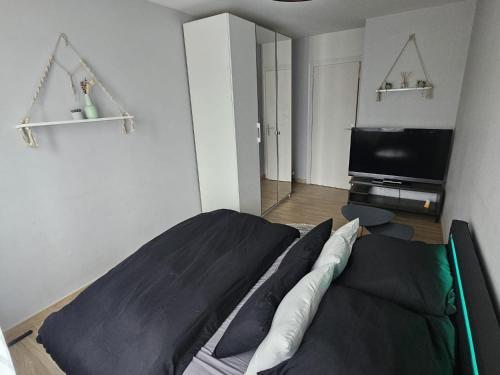 a bedroom with a bed and a flat screen tv at Chambre d'hôte - hypercentre in Annemasse