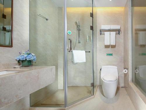 a bathroom with a shower and a toilet and a sink at Vienna Hotel Wuhan Erqi Changjiang Bridge Yujiatou in Jiang'an