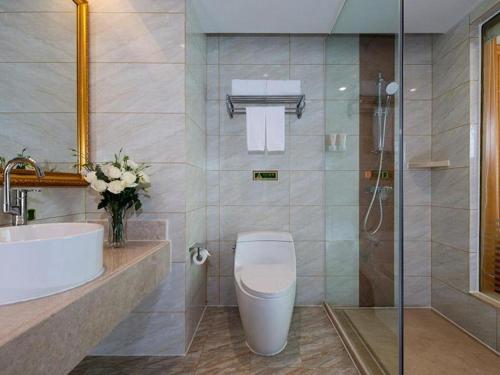 ein Bad mit einem WC, einem Waschbecken und einer Dusche in der Unterkunft Vienna Hotel Jiangxi Jiujiang Gongqingcheng High-Speed Railway Station in Gongqingcheng