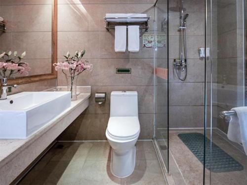 La salle de bains est pourvue de toilettes, d'un lavabo et d'une douche. dans l'établissement Vienna Hotel Guangxi Fusui, 