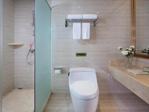 uma casa de banho com um WC branco e um lavatório. em Vienna Hotel Jilin Huichun Yadu Huayuan em Hunchun