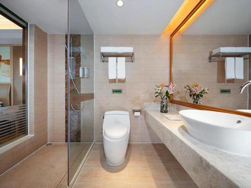 La salle de bains est pourvue de toilettes, d'un lavabo et d'une douche. dans l'établissement Vienna Hotel Guangdong Chaozhou Fenghuang New City, 
