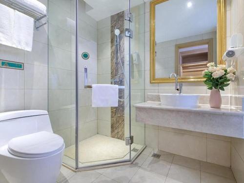 La salle de bains est pourvue de toilettes, d'un lavabo et d'un miroir. dans l'établissement Vienna Hotel Shandong Zaozhuang Qingtan Road, à Zhaozhuang