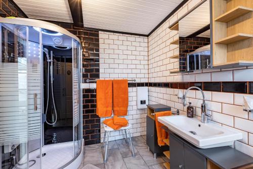 a bathroom with a sink and a shower at Haus am Markt Fewo 3 in Schöningen