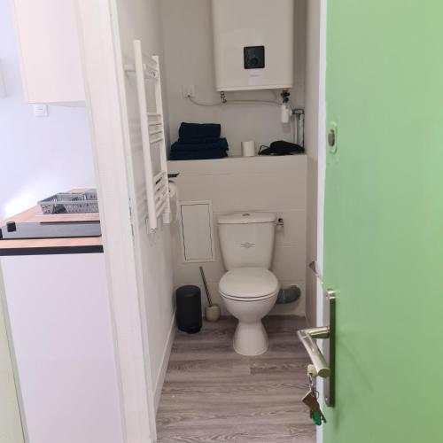 une salle de bain avec toilettes dans une petite pièce dans l'établissement Kimme green - plein centre ancien, à Orléans