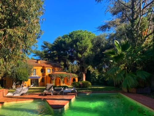 聖安德烈斯德利亞瓦內拉斯的住宿－The Blue Eucalyptus，一座带绿色水游泳池的房屋