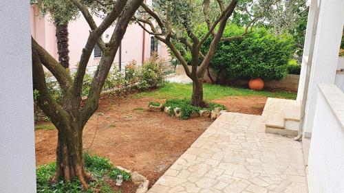 a garden with two trees and a stone walkway at Apartments Cintya in Poreč