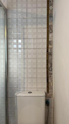 a white toilet in a bathroom with a tiled wall at Garden-Goretti House in Mairena del Aljarafe