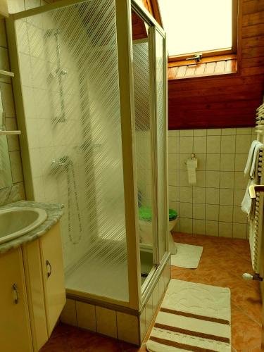 a bathroom with a shower and a sink at Dóra Stúdió Apartmanok in Zalakaros