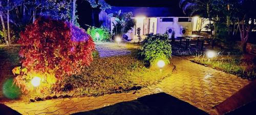 a garden at night with lights and a rv at THE HEART OF HEAVEN in Āmbavna