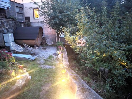 a backyard with a garden with trees and lights at HW4B - Urlaubsmagie - Zentral mit Gemeinschaftsgarten, -Pool, -Sauna & Whirlpool in Sebnitz
